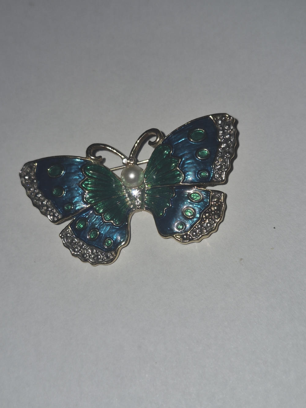 Blue-Green Butterfly Brooch with Pearl Accent